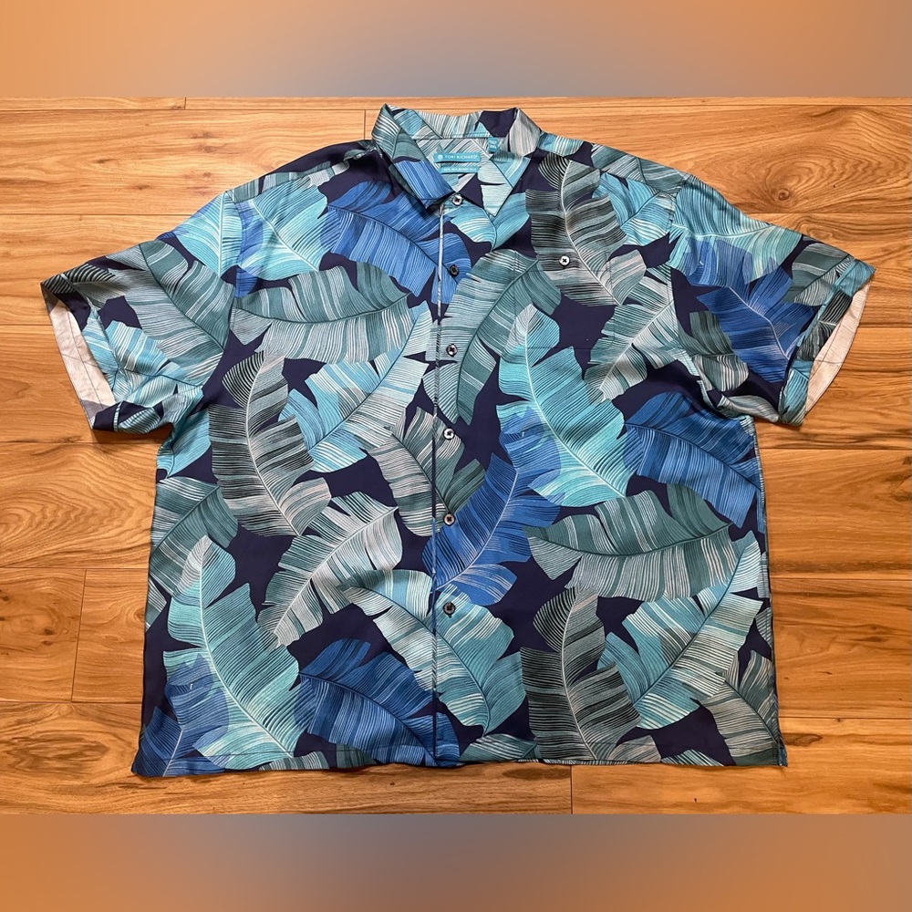Tori Richard Men's Leaf Pattern Casual Hawaiian Shirt - Blue 100% Mulberry Silk